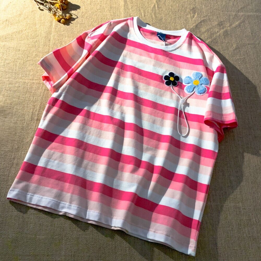 Pink Girls Top Stripe Shirt Embroidered Flower Tee Sleeve Preppy Student sz L
